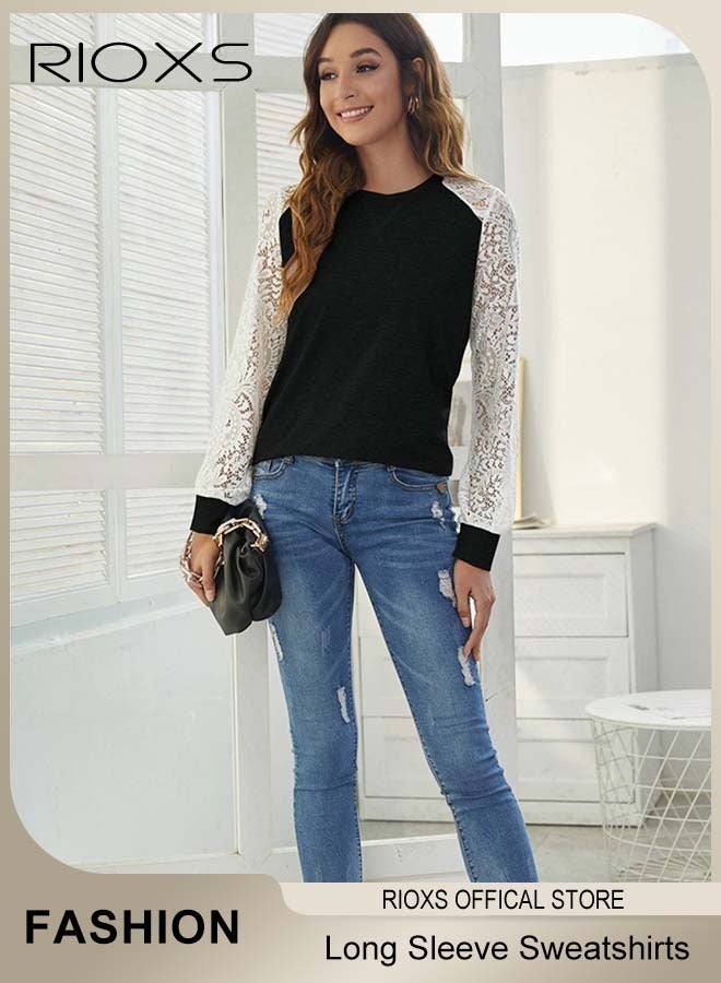RIOXS Women Raglan Sweatshirts Long Sleeve Shirt Lace Splice Round Neck Top  - Image 5