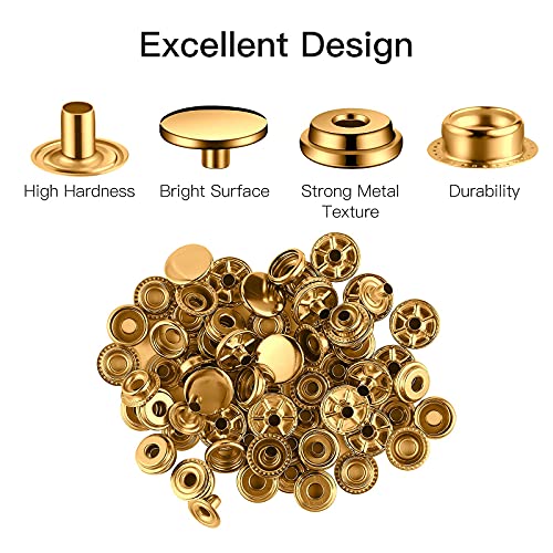 Moocci 200 Pieces (50 Sets) Leather Snap and Fastener Kit Tool 5/8 Inches (15mm) for Bag, Jeans, Clothes, Fabric - Stainless Snaps Button With 15mm Fasteners (Gold) - Image 5