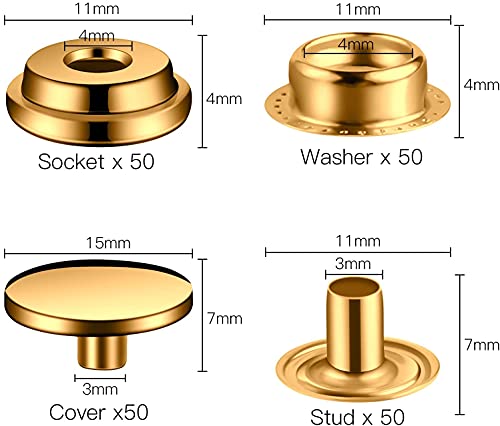 Moocci 200 Pieces (50 Sets) Leather Snap and Fastener Kit Tool 5/8 Inches (15mm) for Bag, Jeans, Clothes, Fabric - Stainless Snaps Button With 15mm Fasteners (Gold) - Image 2