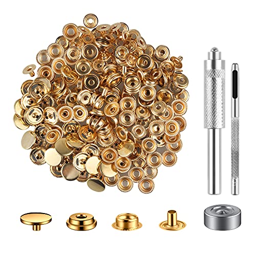 Moocci 200 Pieces (50 Sets) Leather Snap and Fastener Kit Tool 5/8 Inches (15mm) for Bag, Jeans, Clothes, Fabric - Stainless Snaps Button With 15mm Fasteners (Gold) - Image 1