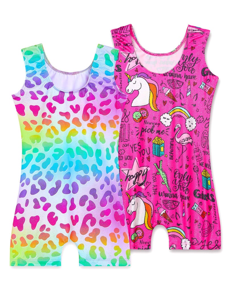 Nokecina Leotard for Girls Gymnastics Size 6-7 Years Old Shiny Hotpink Cartoon Biketard 2 Pack Athletic Unitards - Image 2