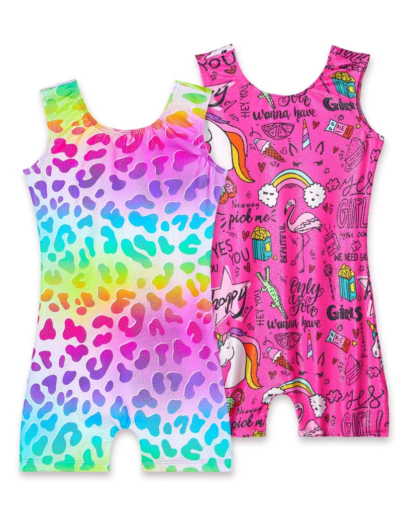 Nokecina Leotard for Girls Gymnastics Size 6-7 Years Old Shiny Hotpink Cartoon Biketard 2 Pack Athletic Unitards - Image 1