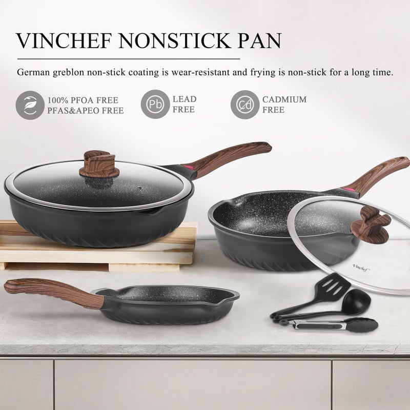 Vinchef Pots and Pans Set, 12pcs Nonstick Induction Kitchen Cookware Sets with Stay-Cool Handles, Frying Pans and Saute Pan with Lid, Silicone Cooking Utensil Sets and Pot Protectors, PFAS, PFOA Free - Image 2