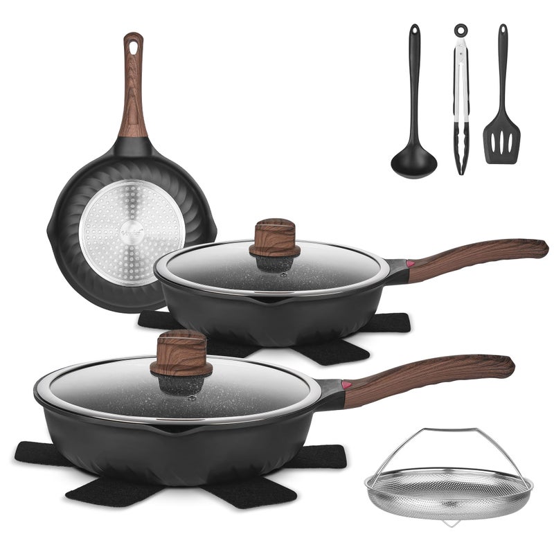 Vinchef Pots and Pans Set, 12pcs Nonstick Induction Kitchen Cookware Sets with Stay-Cool Handles, Frying Pans and Saute Pan with Lid, Silicone Cooking Utensil Sets and Pot Protectors, PFAS, PFOA Free - Image 1