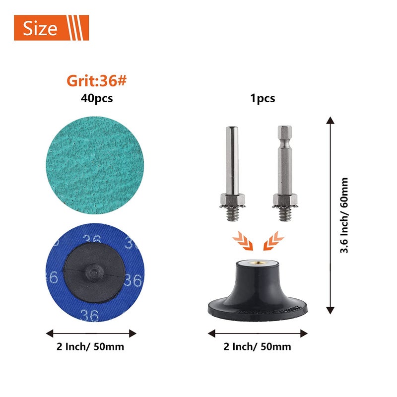 Tshya Quick Change Grinding Disc, 40 Pcs 36Grit 2 inch Roll Lock Sanding Discs,Green Zirconia Coated Disc for Surface Prep 01397 (Green 36 Grit) - Image 2
