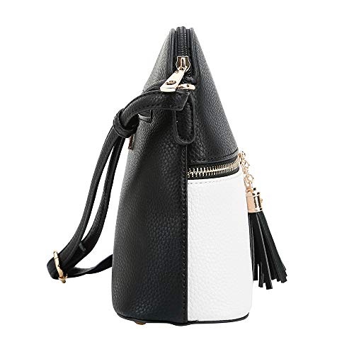 SG SUGU Lunar Lightweight Medium Dome Crossbody Bag Shoulder Bag with Double Tassels | Zipper Pocket | Adjustable Strap|Black/White - Image 3