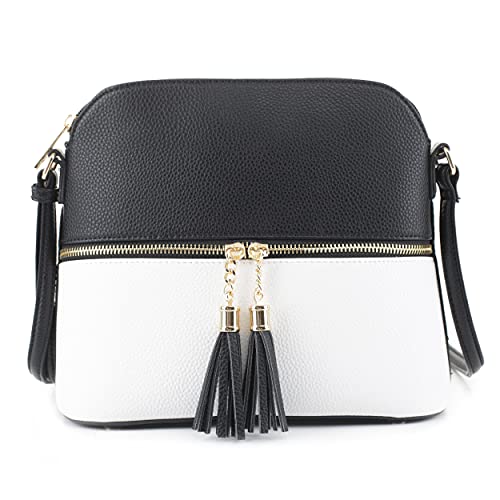 SG SUGU Lunar Lightweight Medium Dome Crossbody Bag Shoulder Bag with Double Tassels | Zipper Pocket | Adjustable Strap|Black/White - Image 4