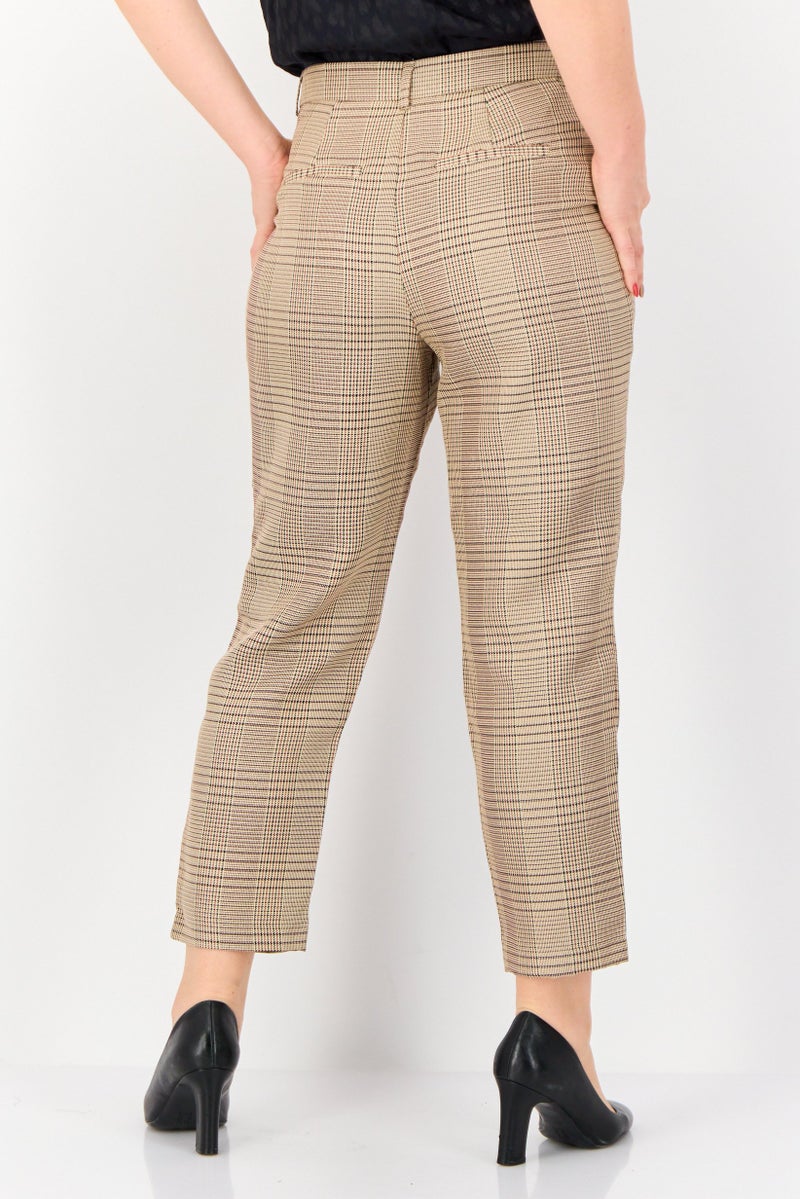 ONLY Women Carrot Fit Checkered Straight Leg Pants, Brown  - Image 2