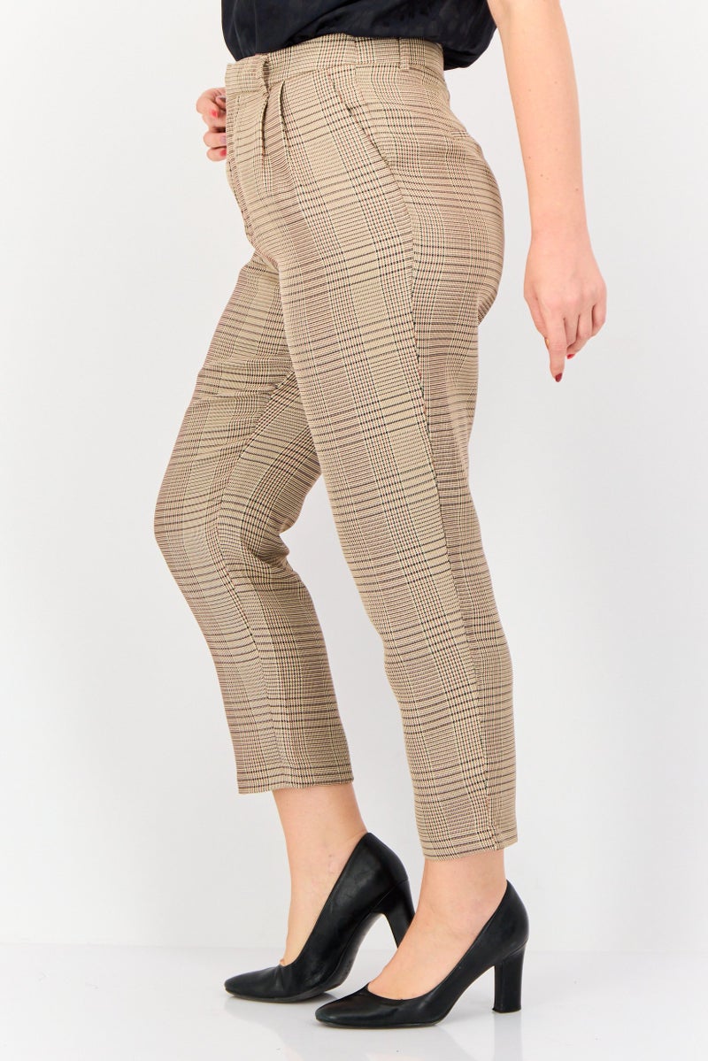 ONLY Women Carrot Fit Checkered Straight Leg Pants, Brown  - Image 3