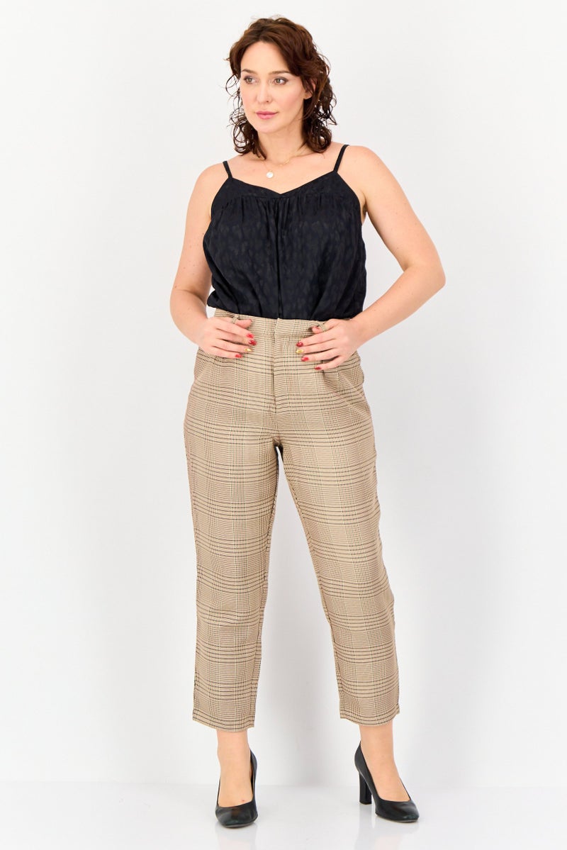 ONLY Women Carrot Fit Checkered Straight Leg Pants, Brown  - Image 4