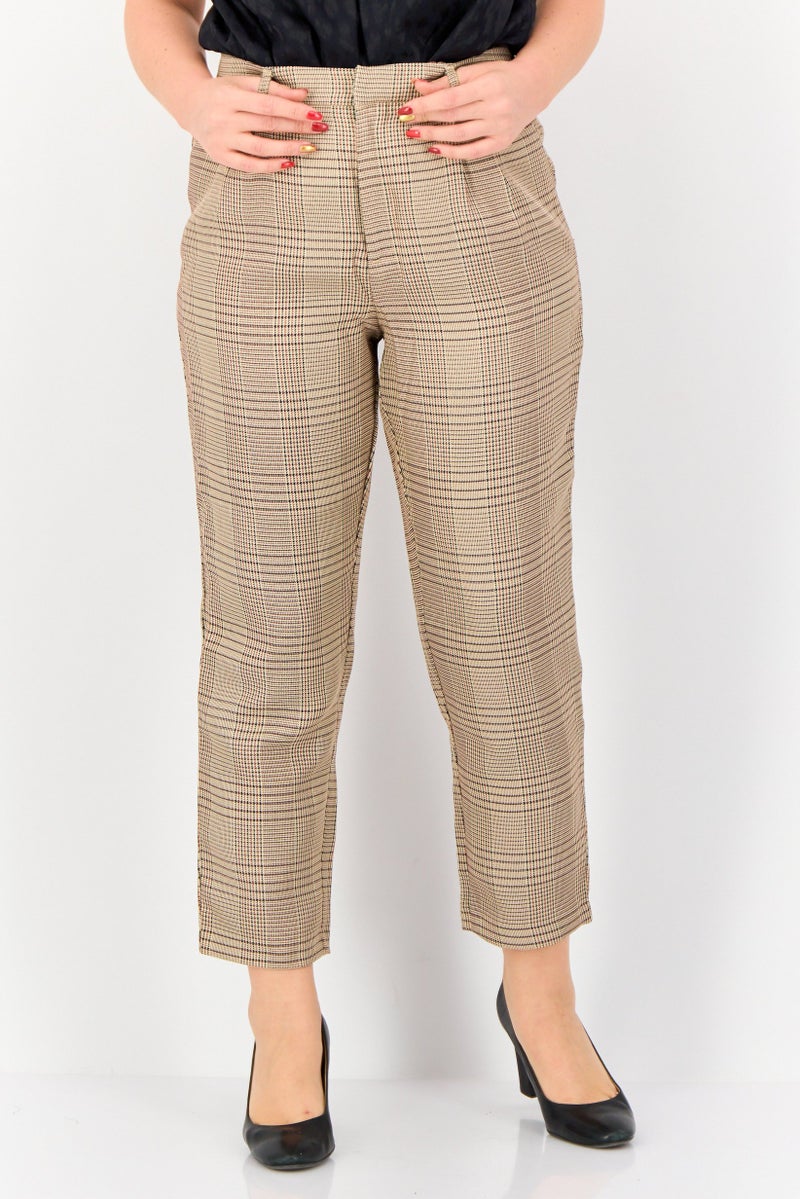 ONLY Women Carrot Fit Checkered Straight Leg Pants, Brown  - Image 1
