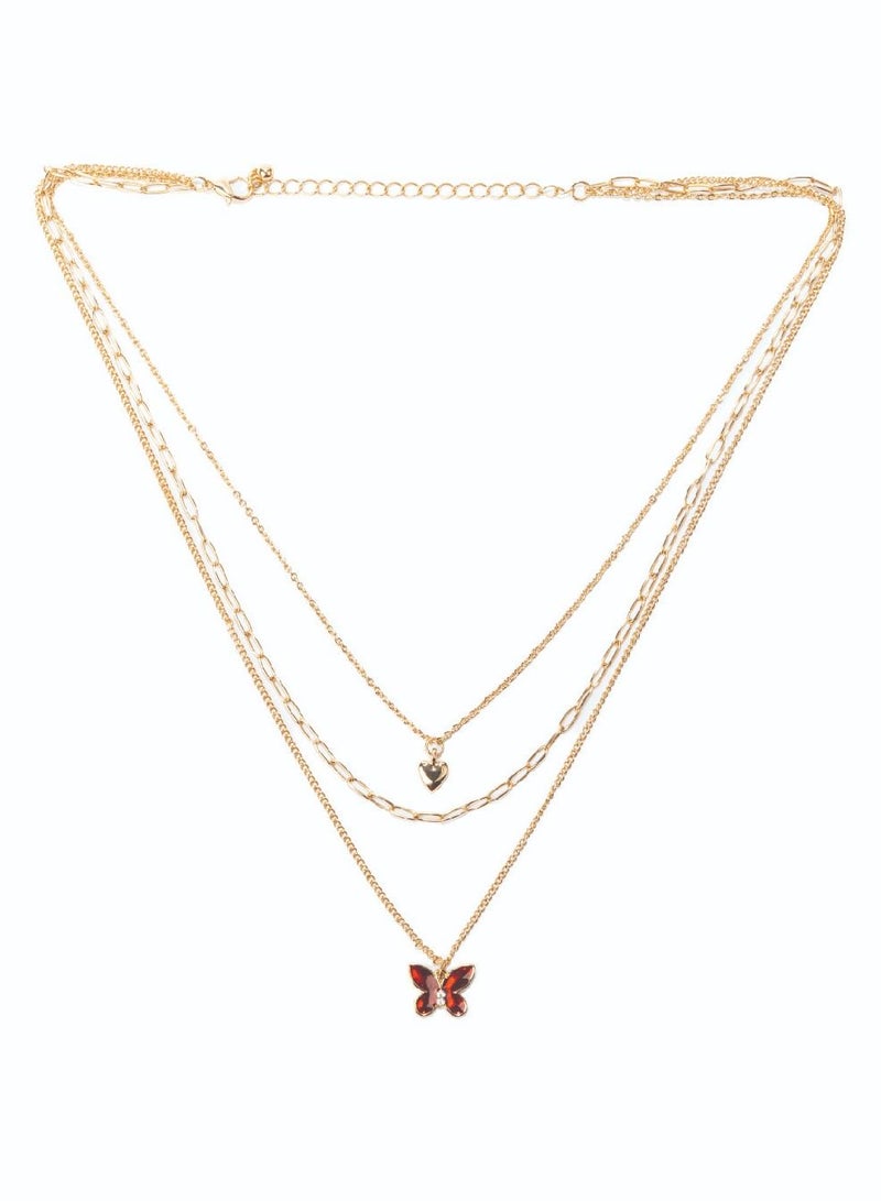 Enameled Butterfly & Heart Pendant Necklace