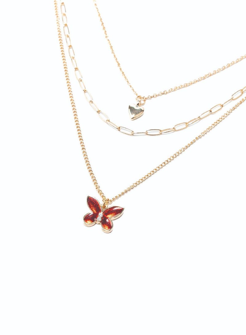 Enameled Butterfly & Heart Pendant Necklace