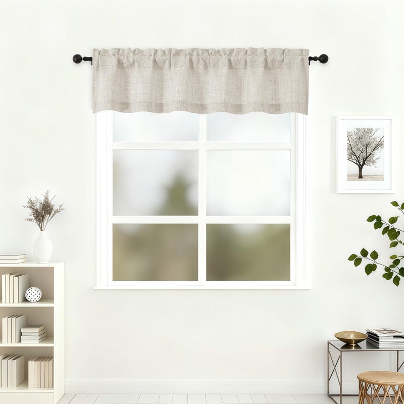 Lecloud Natural Valance for Window 12 Inch Length, Light Filtering Faux Linen Textured Soft Kitchen Curtains, Airy Short Drapes with Rod Pockets for Bathroom Basement Farmhouse, 60" W x 12" L 1 Panel - Image 1