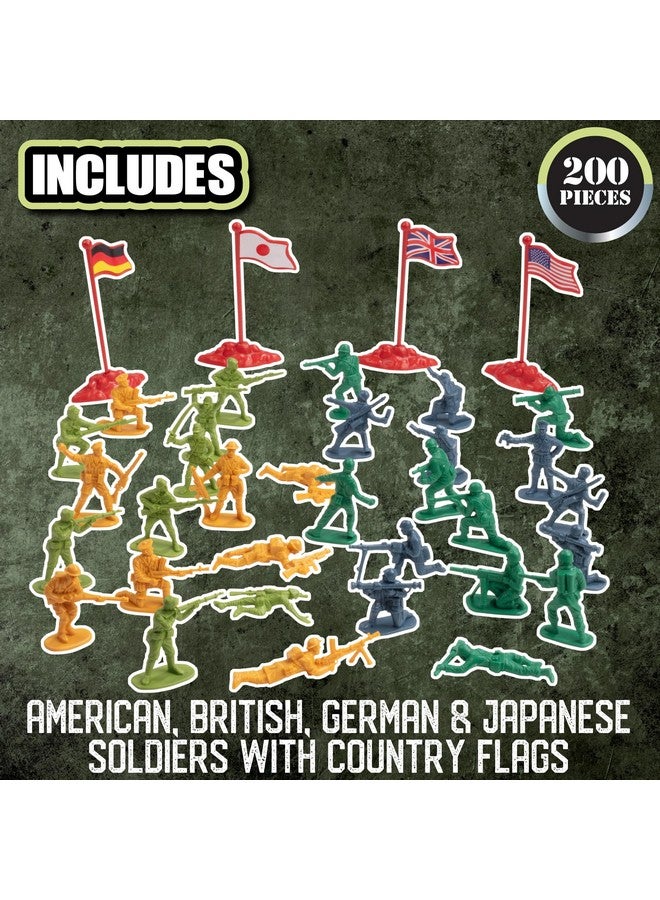 SCS Direct مجموعة ألعاب جنود الجيش من الحرب العالمية الثانية - 200 قطعة تشمل جنودًا وأعلامًا من الولايات المتحدة وبريطانيا العظمى وألمانيا واليابان في أوضاع قتال واقعية - مجموعة هدايا للأطفال وجامعي التحف - Image 2