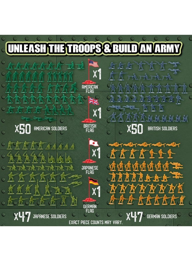 SCS Direct مجموعة ألعاب جنود الجيش من الحرب العالمية الثانية - 200 قطعة تشمل جنودًا وأعلامًا من الولايات المتحدة وبريطانيا العظمى وألمانيا واليابان في أوضاع قتال واقعية - مجموعة هدايا للأطفال وجامعي التحف - Image 3