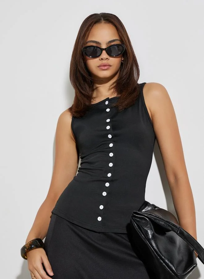 Styli Black Sleeveless Button-Down Top