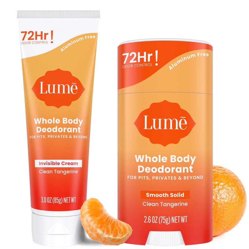 Lume Whole Body Deodorant - Invisible Cream Tube and Solid Stick - 72 Hour Odor Control - Aluminum Free, Baking Soda Free, Skin Safe - 3.0 Ounce Tube and 2.6 Ounce Solid Stick Bundle (Clean Tangerine) - Image 1