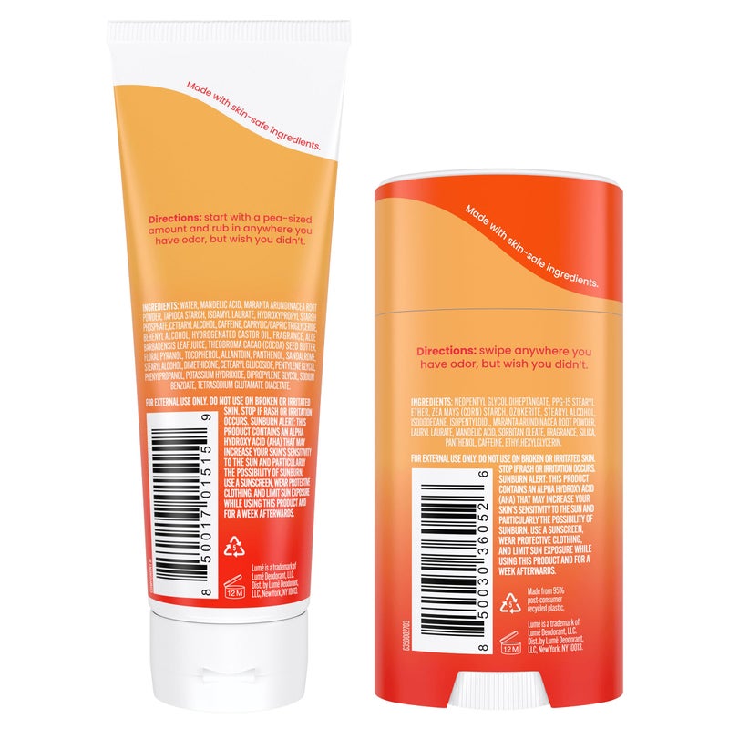 Lume Whole Body Deodorant - Invisible Cream Tube and Solid Stick - 72 Hour Odor Control - Aluminum Free, Baking Soda Free, Skin Safe - 3.0 Ounce Tube and 2.6 Ounce Solid Stick Bundle (Clean Tangerine) - Image 2