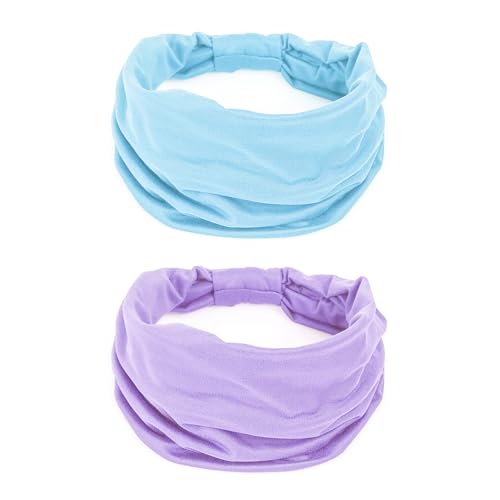 GiLi 2 Pack Wide Headbands for Women Boho Knotted Non Slip Fashion Hair Bands Yoga Running Sports Workout Gym Head Wraps Elastic Soft Cotton Cloth Turbans Bandana for Girls (Light Purple,Light Blue) - Image 1