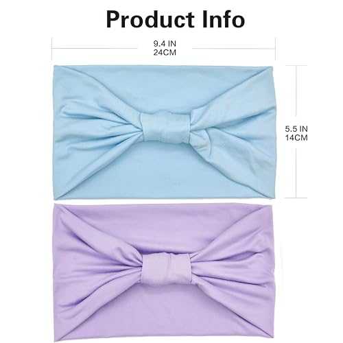 GiLi 2 Pack Wide Headbands for Women Boho Knotted Non Slip Fashion Hair Bands Yoga Running Sports Workout Gym Head Wraps Elastic Soft Cotton Cloth Turbans Bandana for Girls (Light Purple,Light Blue) - Image 3