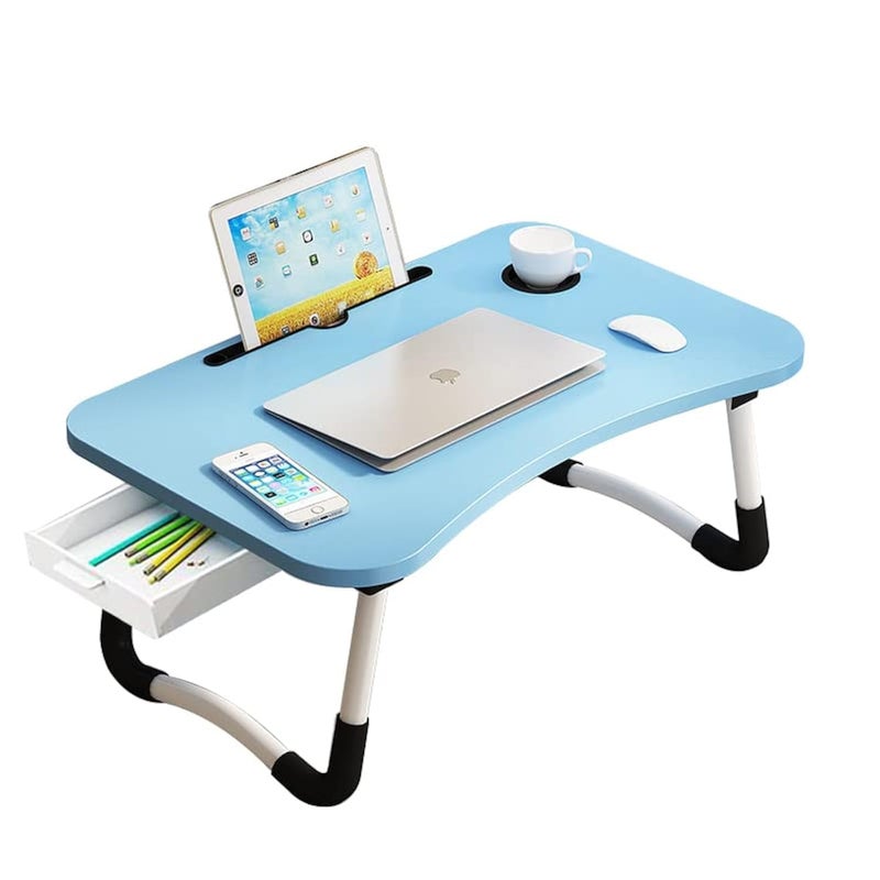 VebaCidi Lap Desk with Storage Drawer, Cup and Tablet Holder, Bed Tray Table, Foldable Laptop Desk, Laptop Stand for Working, Writing, Gaming and Drawing (23.6", Blue) - Image 1