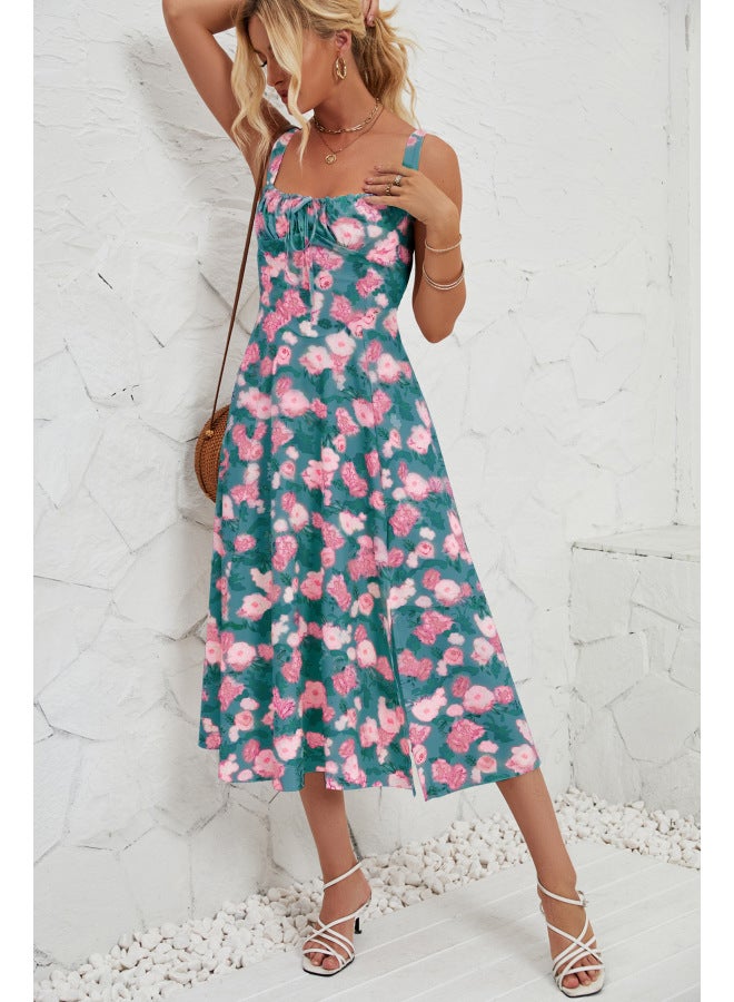 SPRING Summer Straps European And American Women's Fashion Floral Print Pastoral Long Elegant Dress - Image 1