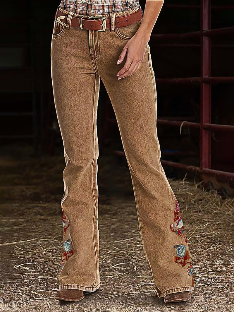 Flamingals Women's Floral Embroidery Mid Waist High Stretch Bootcut Jeans with Pockets Khaki L - Image 4