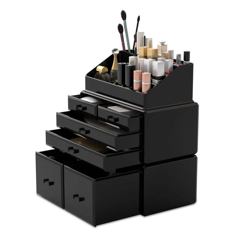 READAEER Makeup Organizer 3 Pieces Cosmetic Storage Case with 6 Drawers (Black) - Image 1