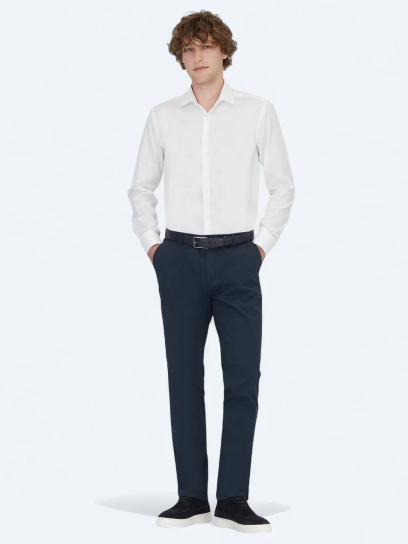 Kip Navy Blue Weaving Jogging Fit Casual Cotton Blended Trousers