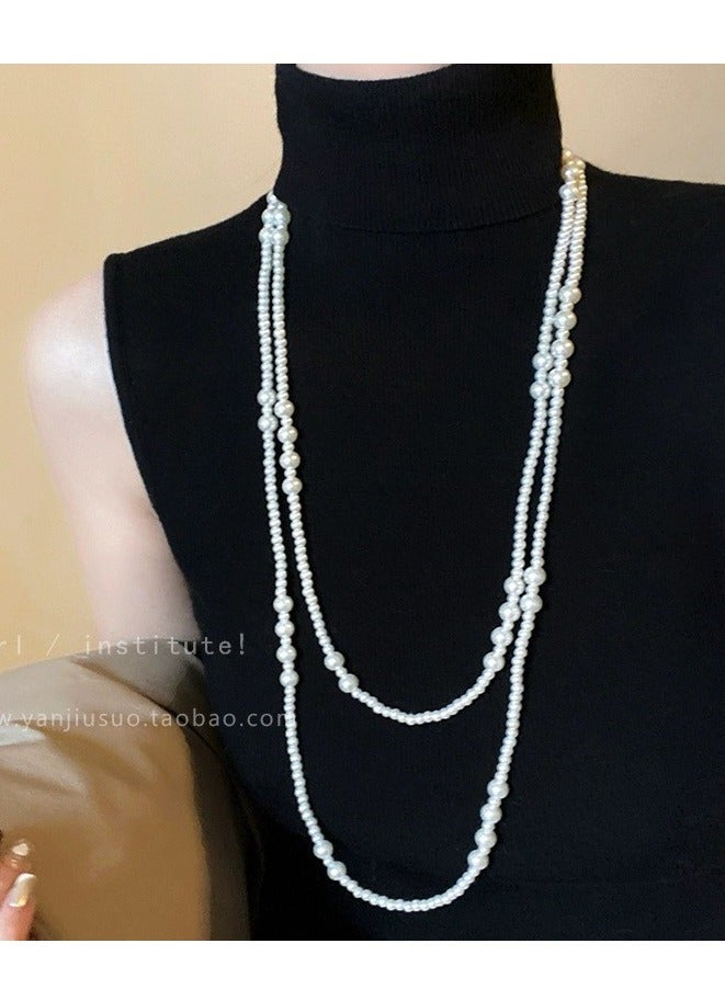 French Style Multi Layer Pearl Necklace, Sweater Chain, Retro Design, White  - Image 3