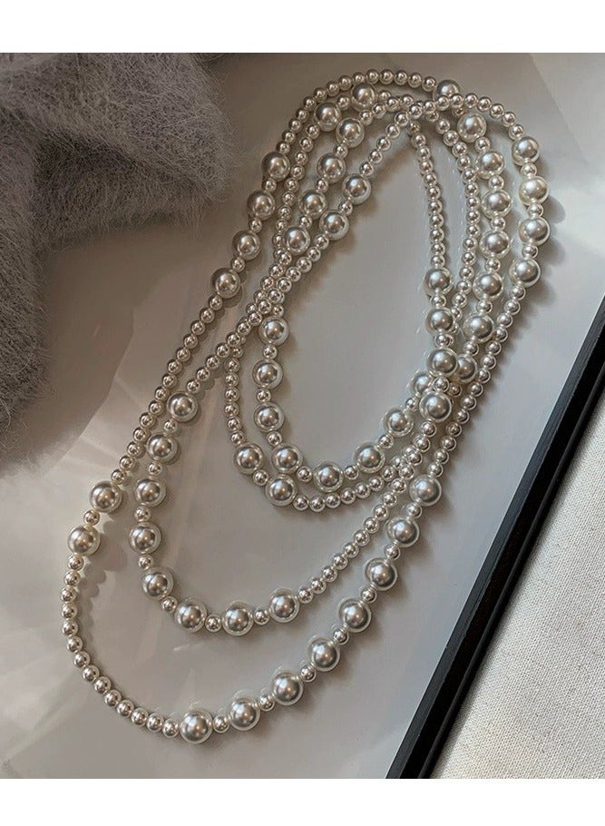 French Style Multi Layer Pearl Necklace, Sweater Chain, Retro Design, White  - Image 2