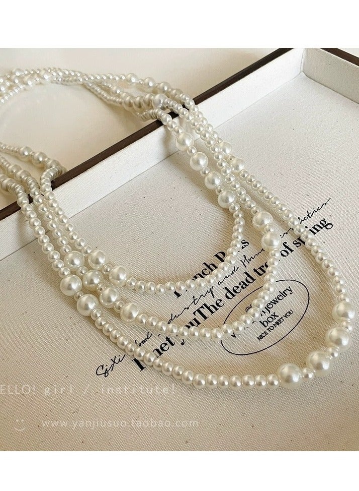 French Style Multi Layer Pearl Necklace, Sweater Chain, Retro Design, White  - Image 5