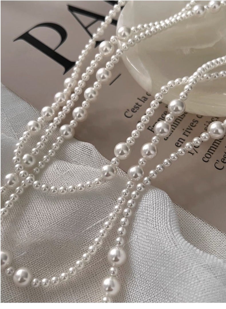 French Style Multi Layer Pearl Necklace, Sweater Chain, Retro Design, White  - Image 4