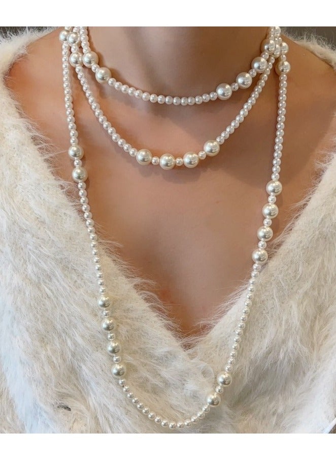 French Style Multi Layer Pearl Necklace, Sweater Chain, Retro Design, White  - Image 1