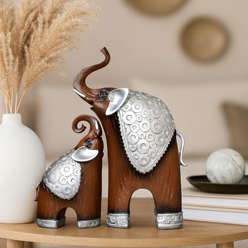 SRJANA Thai Style Elephant Figurines Mother & Child Elephant Fengshui Resin Sculptures for Home Decor Ornament - (Set of 2, Brown) - Image 3