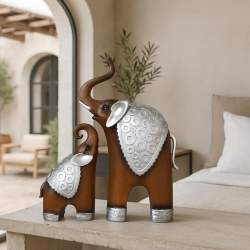 SRJANA Thai Style Elephant Figurines Mother & Child Elephant Fengshui Resin Sculptures for Home Decor Ornament - (Set of 2, Brown) - Image 1
