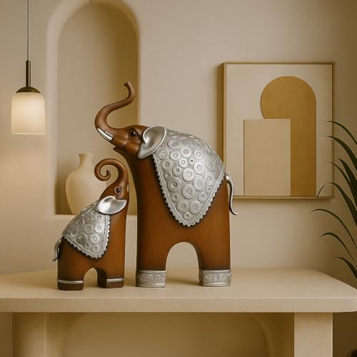 SRJANA Thai Style Elephant Figurines Mother & Child Elephant Fengshui Resin Sculptures for Home Decor Ornament - (Set of 2, Brown) - Image 5