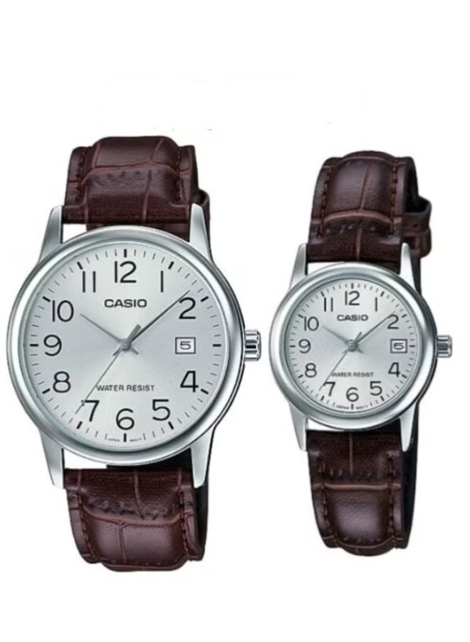 Casio His & Her Brown Leather Band Couple Watch MTP/LTP -V002L-7B2UDF - Image 1