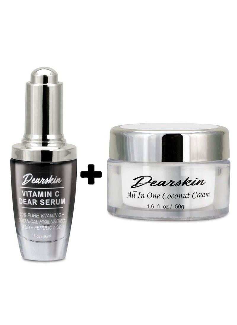 Dearskin - Vitamin C Dear Serum  All In One Coconut Cream seT Pack with Vitamin C Serum 20 Hyaluronic Acid Botanic Vitamin E Organic and Coconut Oil Cream Day and Night Serum  Cream - Image 1