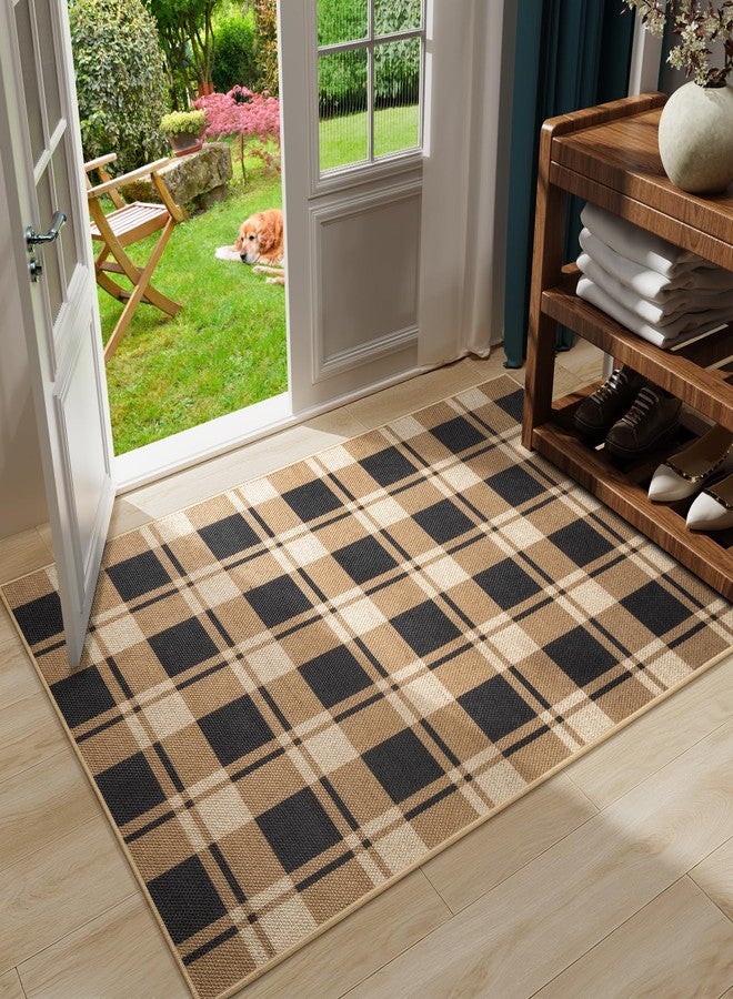 AROGAN سجادة خارجية من الجوت بنقشة مربعات من أروغان، مقاس 3×5، مناسبة للباحات الخارجية، سجاد أسود وبني بنقشة مربعات، مناسبة لغرف المعيشة الداخلية، سجاد قابل للغسل بألوان محايدة، سجادة ترحيبية لباب مدخل المطبخ أو الشرفة - Image 2