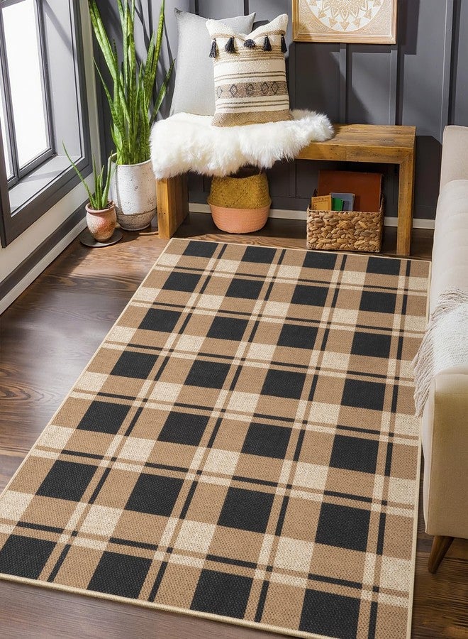 AROGAN سجادة خارجية من الجوت بنقشة مربعات من أروغان، مقاس 3×5، مناسبة للباحات الخارجية، سجاد أسود وبني بنقشة مربعات، مناسبة لغرف المعيشة الداخلية، سجاد قابل للغسل بألوان محايدة، سجادة ترحيبية لباب مدخل المطبخ أو الشرفة - Image 4