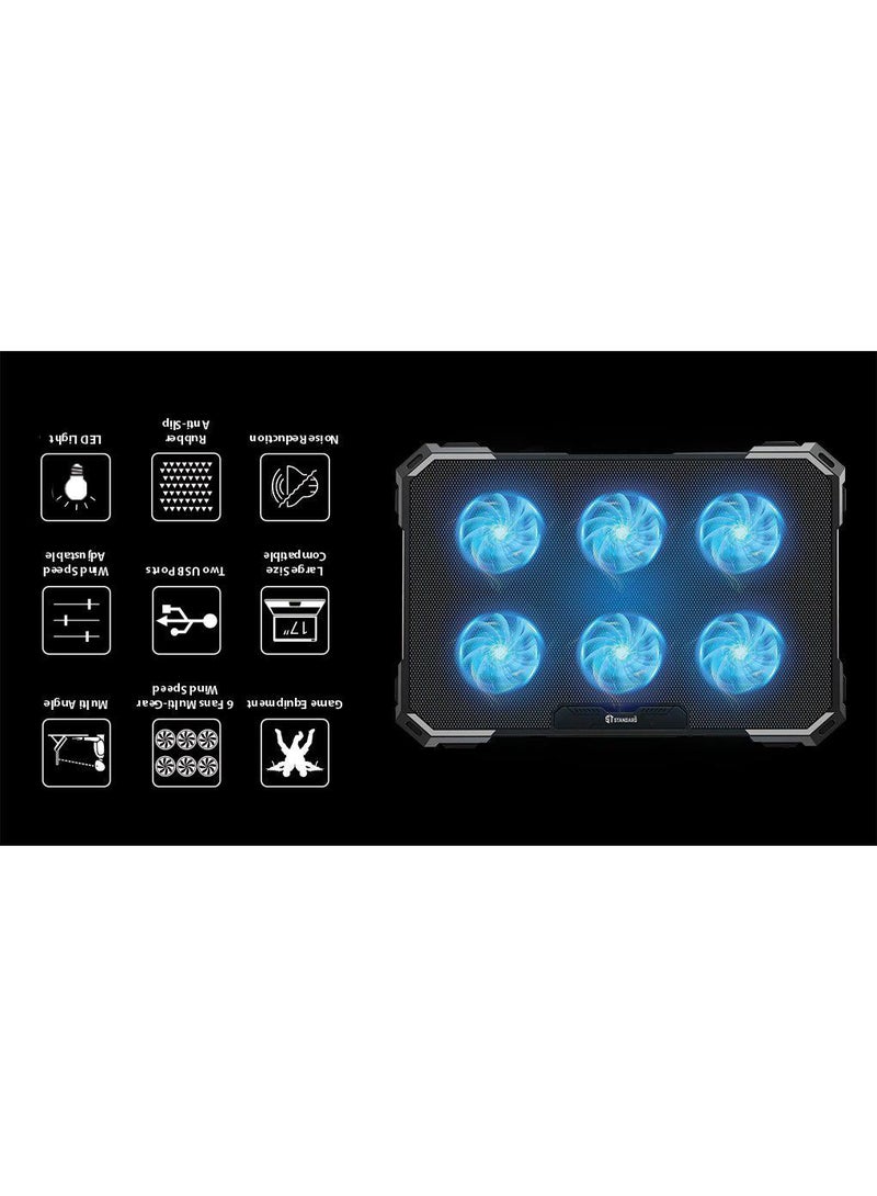 اس تي حامل تبريد الكمبيوتر المحمول RGB للألعاب Standard ICE-06N – 6 مراوح LED زرقاء – حتى 17 بوصة - Image 4