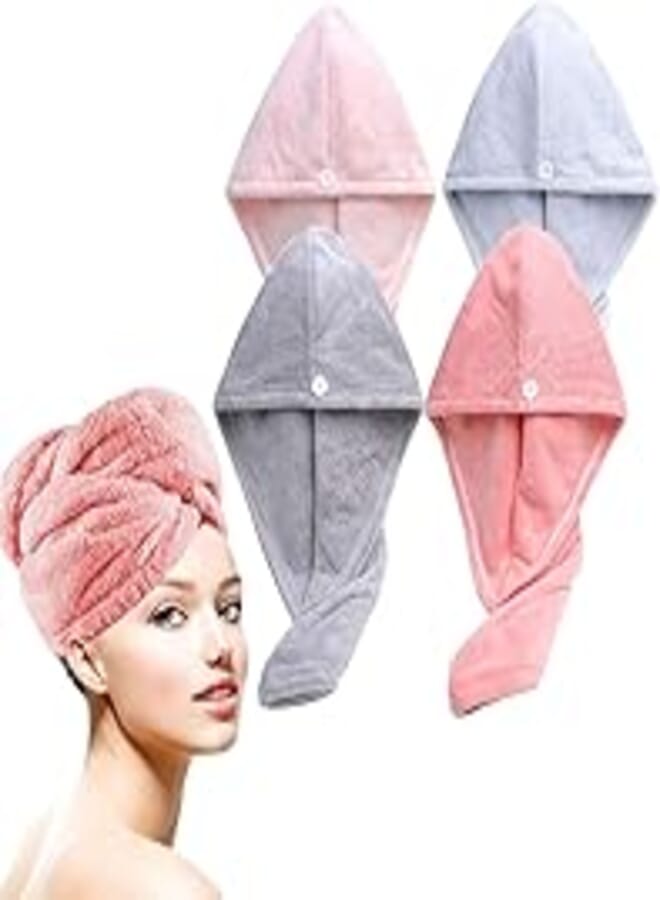 Generic Hair Towel Wrap, 4 Pack Microfiber Turban for Fast Drying Hair, Super Absorbent, Microfiber Hair Towel with Button for Quick Drying Hair for Women, Wet Hair Turban Assorted Colors, Microfiber 