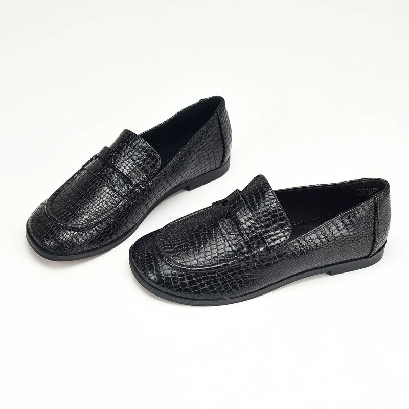 Black Snake Print Square Toe Low Heel Loafer Shoes - Image 3