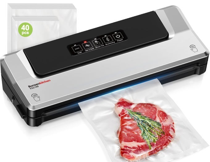 VACUUM SEALER MACHINE WITH 40 BAGS COMPACT FOOD SEALER FOR KITCHEN STORAGE MEAL PREP MULTIPLE MODES EXTERNAL VACUUM SYSTEM SILVER
