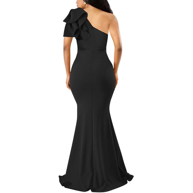 YMDUCH Women's Sexy Sleeveless One Shoulder Ruffle High Split Party Evening Long Formal Dress, Black, Large - Image 2