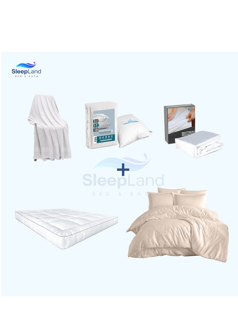 سليب لاند بكج النوم الفندقي – لباد 200×140 سم + واقي مرتبة + طقم واقي مخدة + منشفة قطن 70×140 سم + مفرش فندقي بيج - Image 1