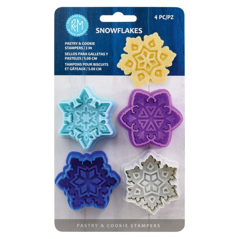 RM Christmas Winter Pastry Cookie Cutter Set of 4 Assorted Colors and Designs Winter Frozen Snowflakes 2 Inch Cookie Cutter
