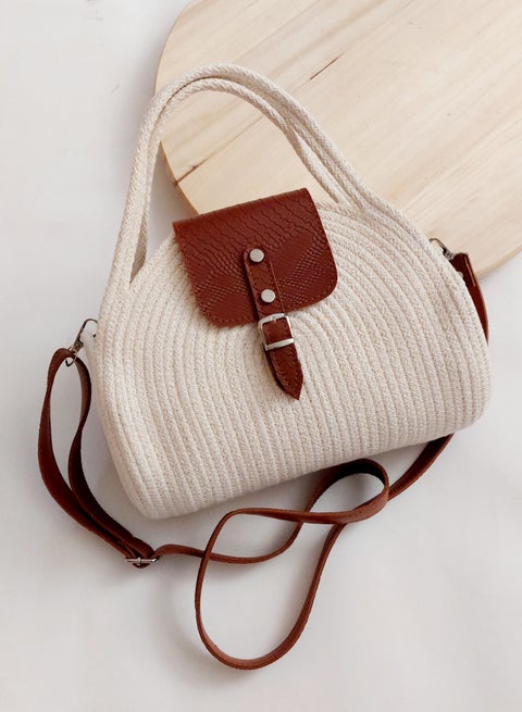Cotton rope eco-friendly cord cross body bag with leather flap off white